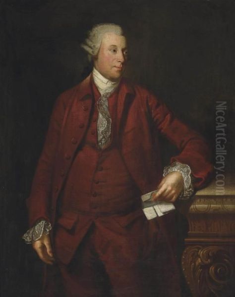 Portrait Of A Gentleman, 
Three-quarter-length, In A Red Coat And Waistcoat, Holding A Letter In 
His Left Hand Oil Painting by Sir Joshua Reynolds