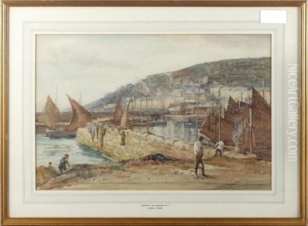 Harbour Scene With Fishermen To The Foreground Oil Painting by Henry Maynell Rheam