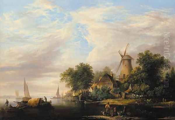 A river estuary with a windmill and cottages, boats in the foreground and cattle watering at the river edge Oil Painting by Edward Williams