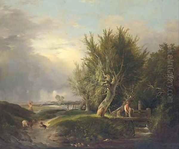 Boys fishing by a stream Oil Painting by Edward Williams