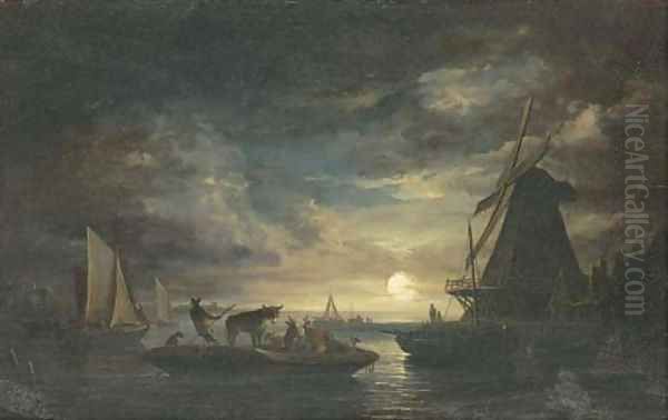 Cattle on a barge in a moonlit landscape Oil Painting by Edward Williams