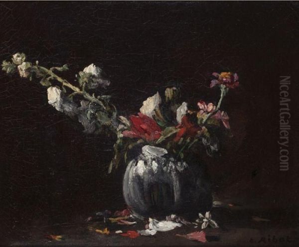 Fleurs Dans Un Vase Sur Un Entablement Oil Painting by Theodule Augustine Ribot