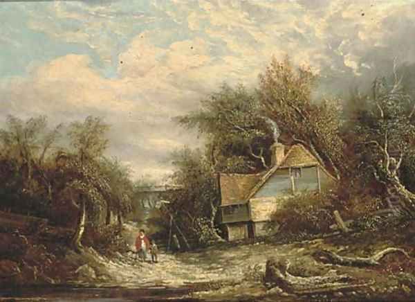 Figures by a cottage, in a woodland landscape Oil Painting by Edward Williams