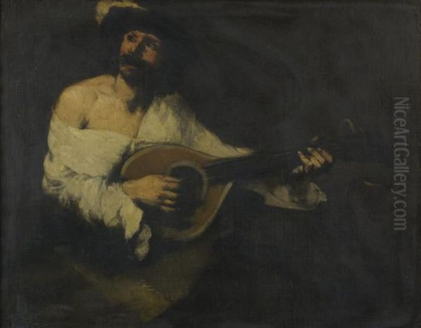 The Mandolin Player Oil Painting by Theodule Augustine Ribot