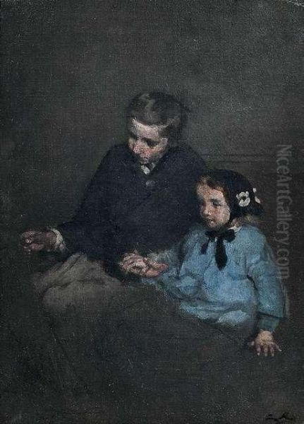 Brother And Sister. Oil Painting by Theodule Augustine Ribot