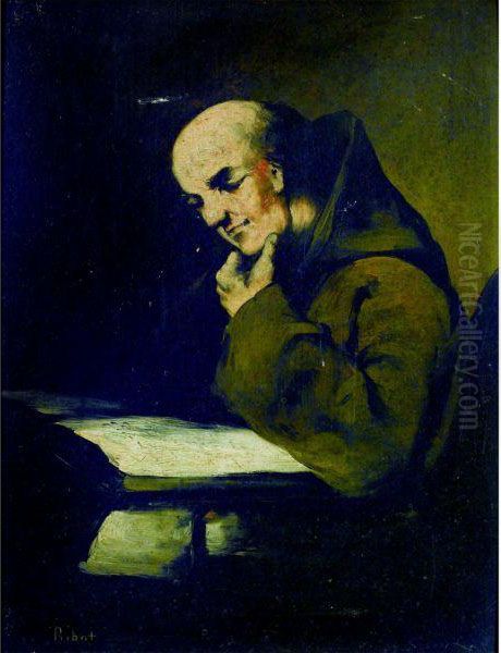 Monk Reading Oil Painting by Theodule Augustine Ribot