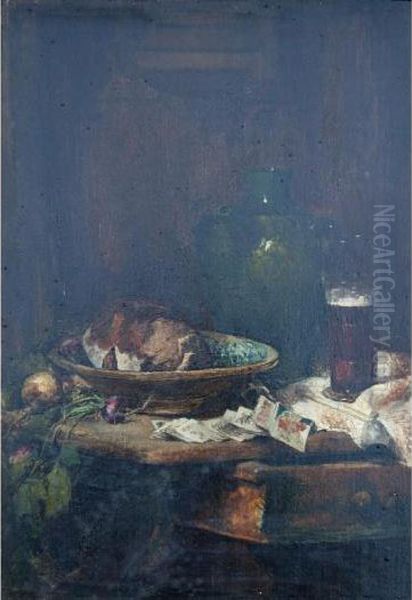 Still Life Of Bread, Vegetables, Cards, A Pipe And A Glass Of Beer On A Table Oil Painting by Theodule Augustine Ribot