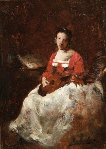 Femme A La Mandoline Oil Painting by Theodule Augustine Ribot