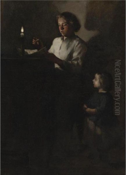 Reading By Candlelight Oil Painting by Theodule Augustine Ribot