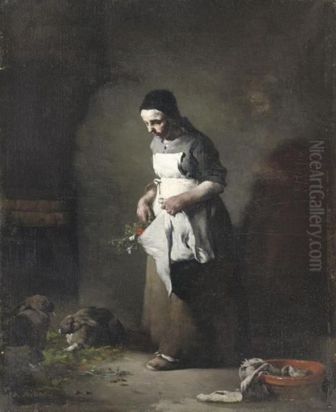 Feeding The Rabbits Oil Painting by Theodule Augustine Ribot