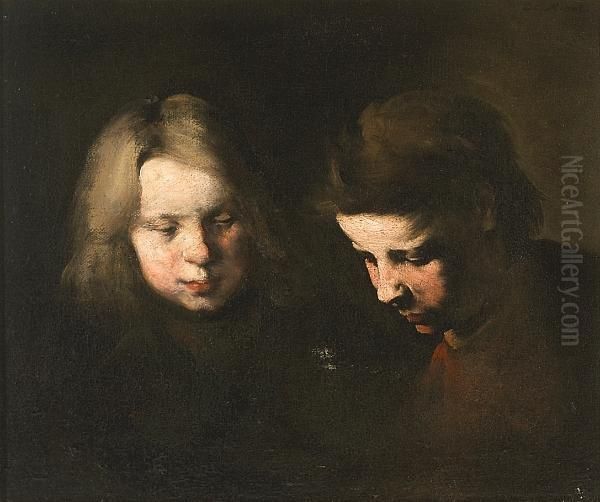 A Study Of The Heads Of Two Children Oil Painting by Theodule Augustine Ribot