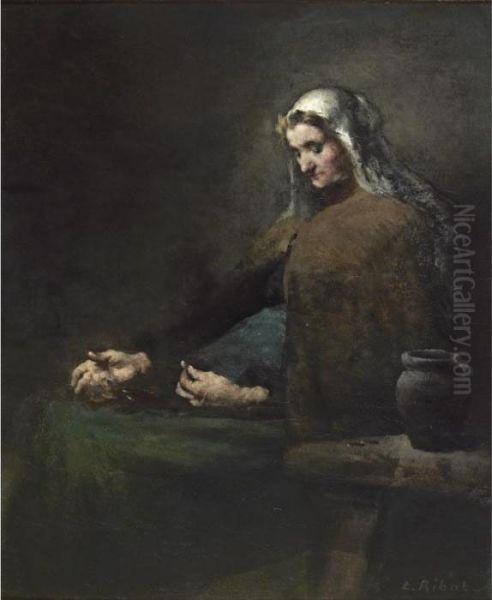 Woman Counting Her Savings Oil Painting by Theodule Augustine Ribot