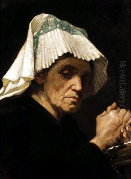 A Breton Woman With Rosary Beads Oil Painting by Theodule Augustine Ribot