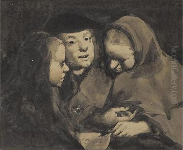 Trois Femmes Lisant Oil Painting by Theodule Augustine Ribot