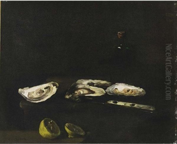 A Still Life With Oysters Oil Painting by Theodule Augustine Ribot