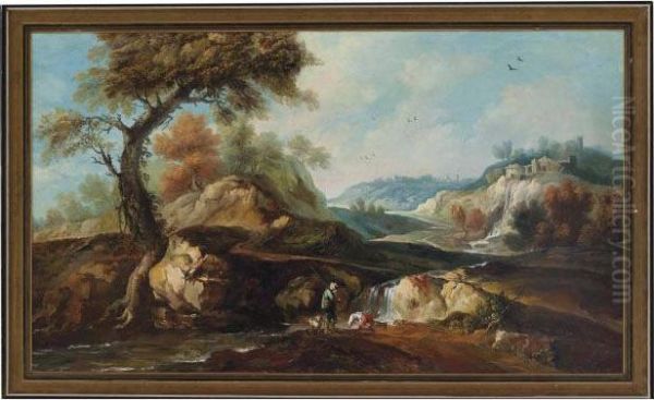 A Rocky Italianate Landscape With Hunters By A Stream Oil Painting by Marco Ricci