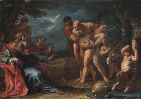 The Drunken Silenus Brought Before King Midas: A Modello Oil Painting by Sebastiano Ricci