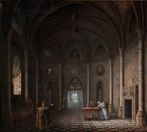 Interieur D'un Palais Royal Gothique Avec Une Mere Enseignant A Sa Fille Oil Painting by Fleury Francois Richard