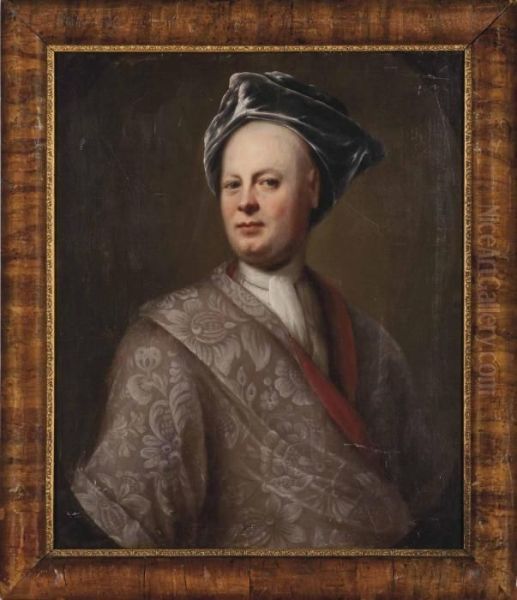 Portrait Of A Gentleman, Bust-length, In A Purple Coat And Turban, In A Feigned Oval Oil Painting by Richardson. Jonathan