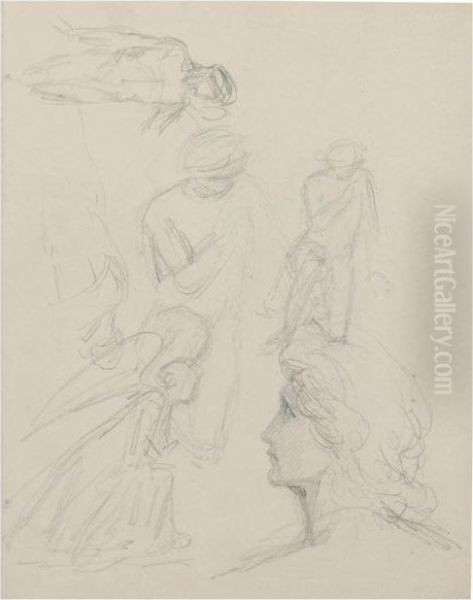 A Sheet Of Studies Including A Head Study Of Samuel Palmer, An Angel, And Other Figures Oil Painting by George Richmond