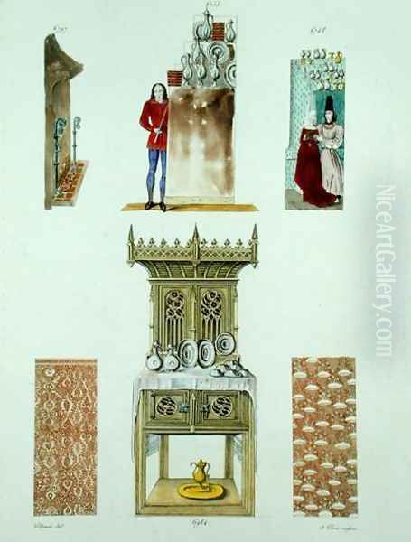 Fifteenth century furniture, from Monuments Francais, lithograph by Amedee Peree, 1839 Oil Painting by Gabrielle Willemin