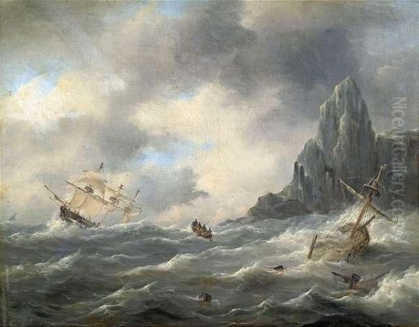 Segelschiffe In Sturmischer See Vor Felsenkuste Oil Painting by Nicolaas Riegen