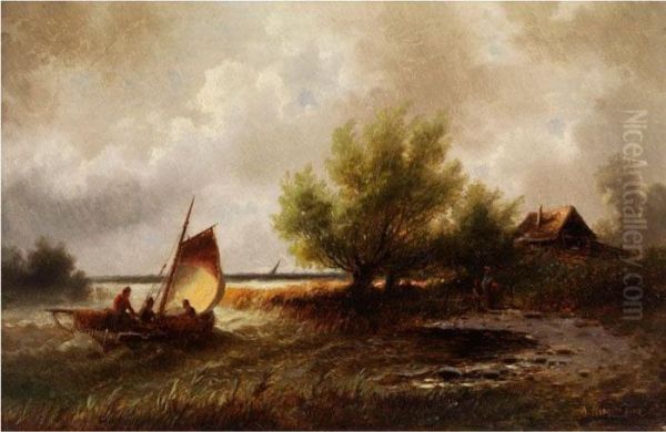 Uferlandschaft Mit Segelboot Und Einem Haus Im Hintergrund Oil Painting by Albert Rieger