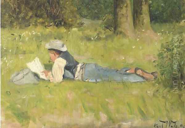 Im Grutnewald reading in the grass Oil Painting by Carl Welz