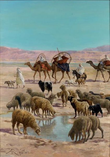 Le Troupeau Dans L'oued Oil Painting by Albert Gabriel Rigolot