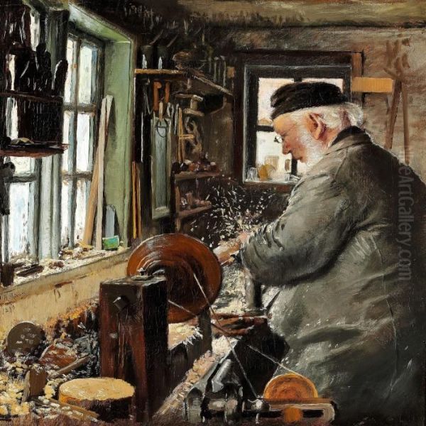 En Drejer Ved Sin Drejebaenk Oil Painting by Laurits Andersen Ring