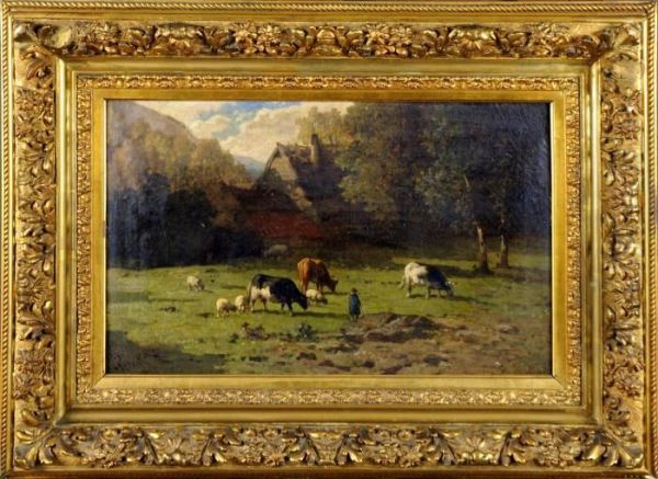 Vaches Dans Les Pres Oil Painting by Louis Marie Dominique Romain Robbe