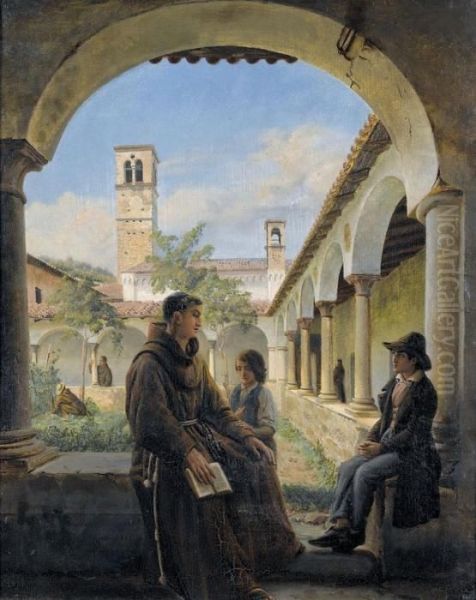 Monch Mit Zwei Kindern Im Kapuzinerkloster Von Lugano Oil Painting by Aurele Robert