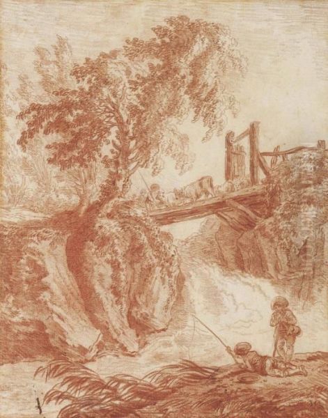 Figures And Cattle Crossing A Bridge, Anglers In The Foreground Oil Painting by Hubert Robert