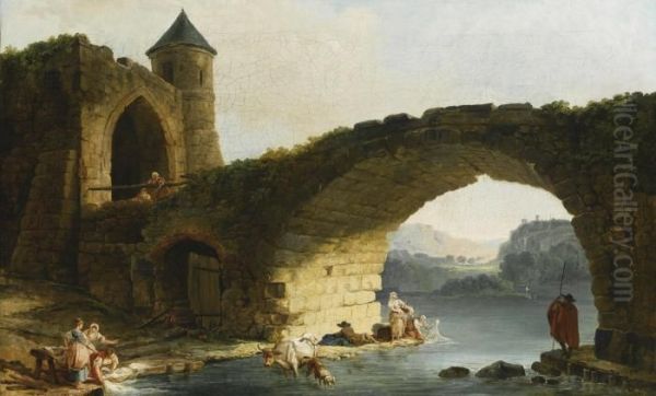 A Capriccio River Landscape With Washerwomen Near A Ruined Bridge Oil Painting by Hubert Robert