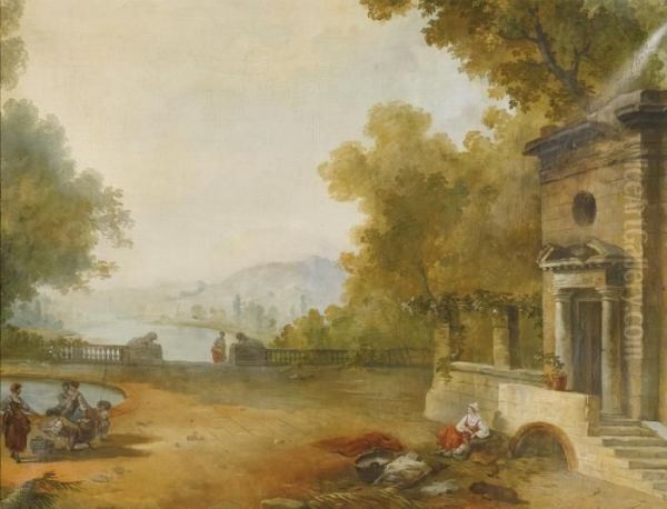 Figures On A Terrace Overlooking A Large Lake Oil Painting by Hubert Robert