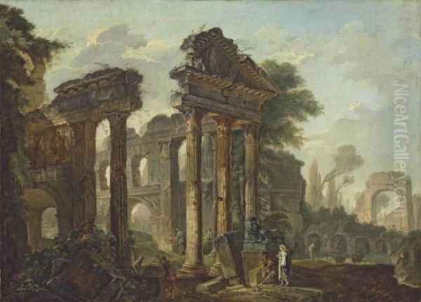 An Architectural Capriccio Oil Painting by Hubert Robert