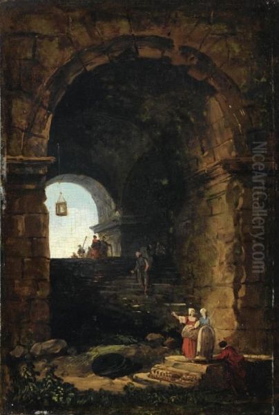 Personnages Visitant Un Monument Romain Oil Painting by Hubert Robert