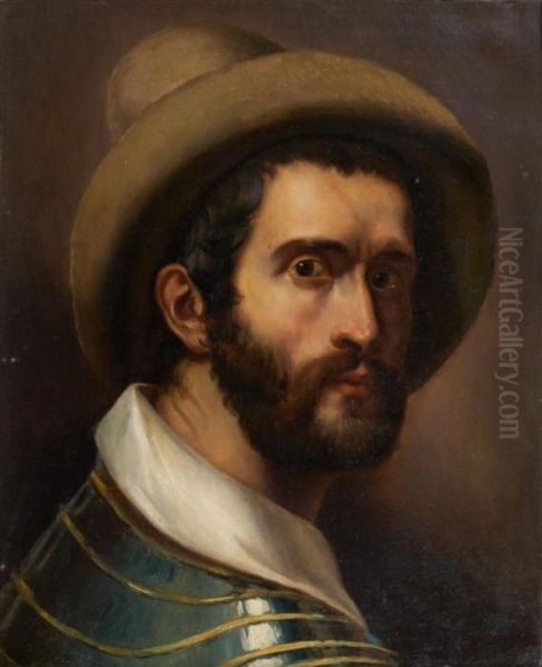 Portrait D'homme Au Chapeau Oil Painting by Louis-Leopold Robert