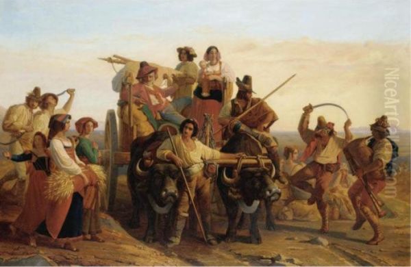 La Halte Des Moissonneurs Dans Les Marais Pontins Oil Painting by Louis-Leopold Robert