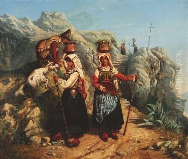 Robert, Leopold . A Goatherd With Italian Countrywomen On A Mountain Pass Oil Painting by Louis-Leopold Robert