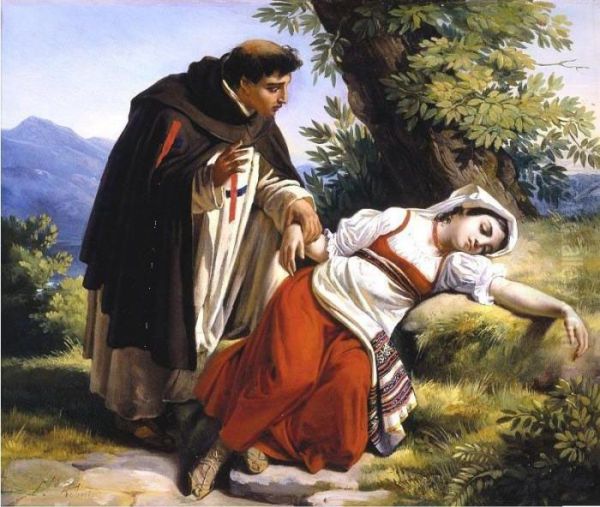 A Young Monk Waking A Roman Peasant Girl Oil Painting by Louis-Leopold Robert