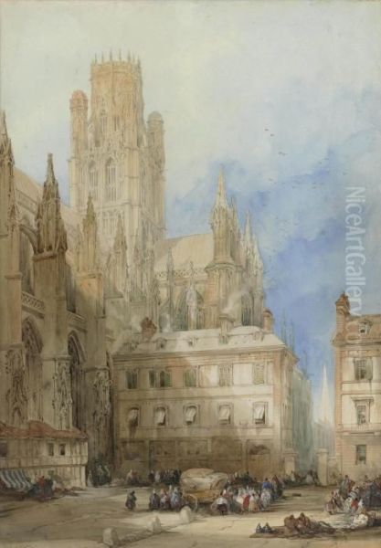 A Street In Rouen, The Church Of St Ouen Oil Painting by David Roberts