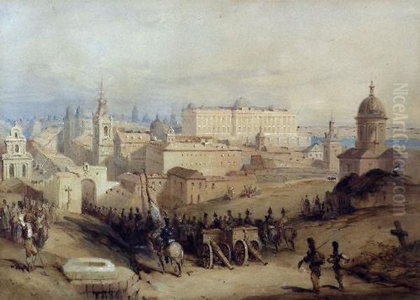 Soldiers Entering The City Of Madrid By The Puerta De Fuencarrel Oil Painting by David Roberts