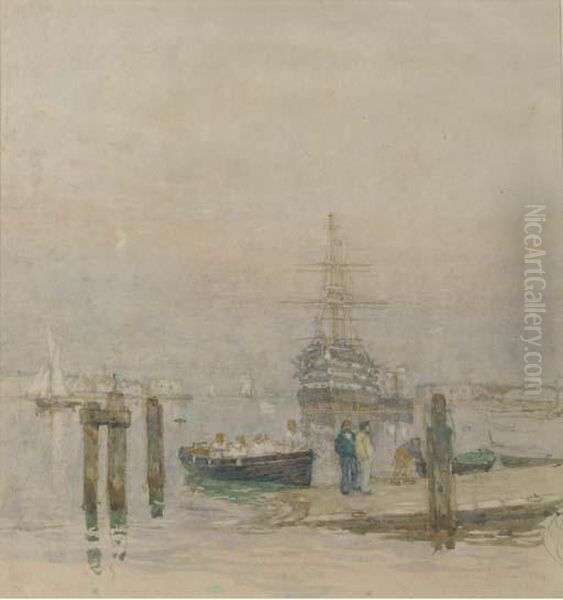 H.m.s. Victory Lying At Her Permanent Mooring In Portsmouth Harbour Oil Painting by Henry Robertson