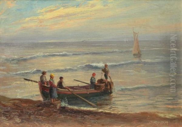 Pescatori In Riva Al Mare Oil Painting by Leonardo Roda