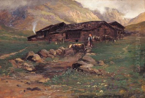 Paesaggio Montano Con Baite E Pascolo Oil Painting by Leonardo Roda