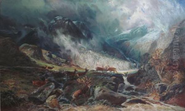 Rutting Stags In A Highland Landscape Oil Painting by Clarence Roe