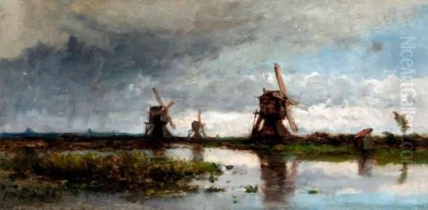 Drie Molens In Weids Polderlandschap Oil Painting by Willem Roelofs