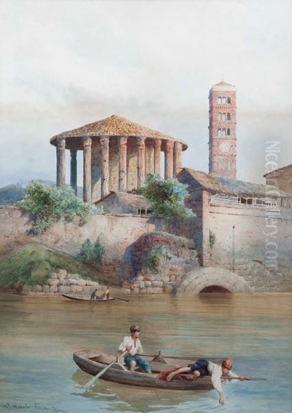 Veduta Del Tempio Di Ercole Vincitore Dal Tevere Presso La Cloaca Massima Con Pescatori Oil Painting by Ettore Roesler Franz