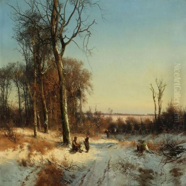 Wintry Forest With A Family Collecting Firewood Oil Painting by Frederik Niels M. Rohde